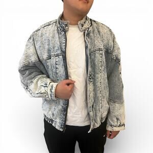 Vintage 80's MIRAGE Men's size L Bomber Denim Jacket Aztec Blanket Lining Hobo